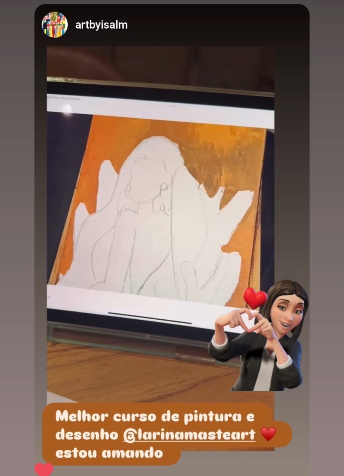 Story de Isabella Lemos com a tela em andamento: “Melhor curso de pintura e desenho, estou amando”