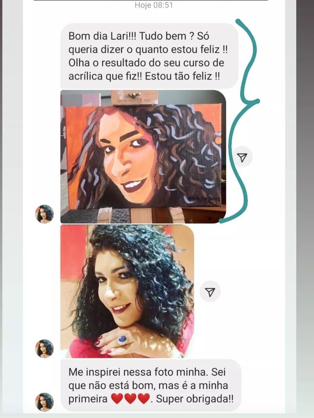 Mensagem de Marcia Yates mostrando o retrato que pintou no curso de acrílica
