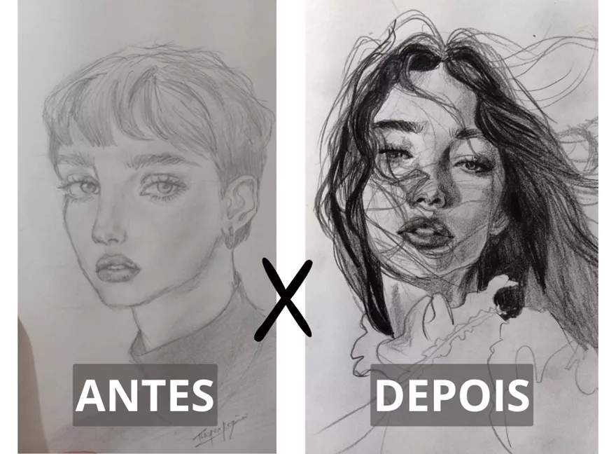 Antes e depois do desenho de rosto de uma aluna do curso