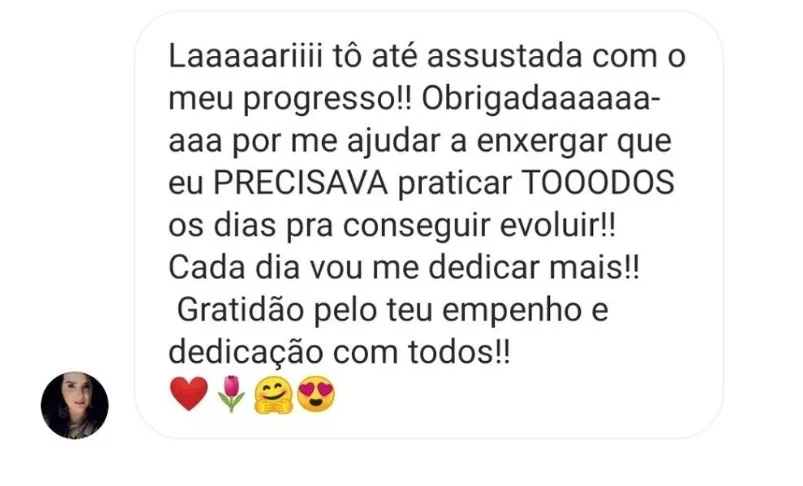Mensagem de aluna sobre o próprio progresso