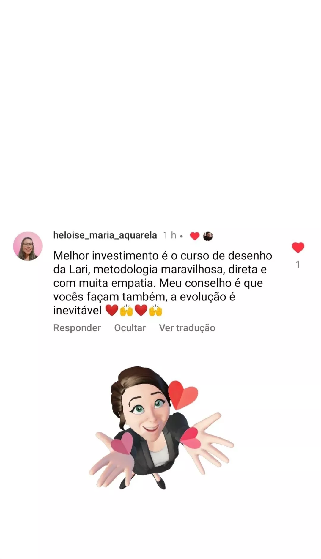 Comentário de aluna recomendando o curso