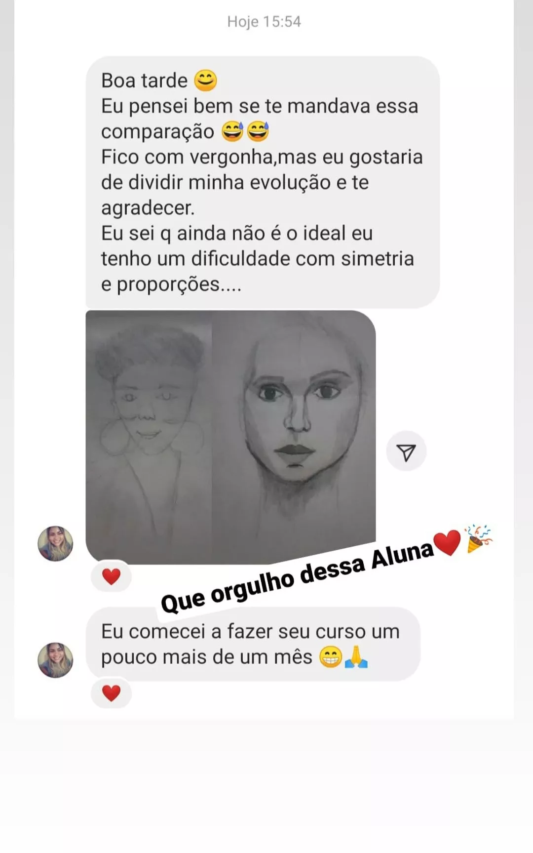 Print de aluna mostrando a evolução do desenho de rosto