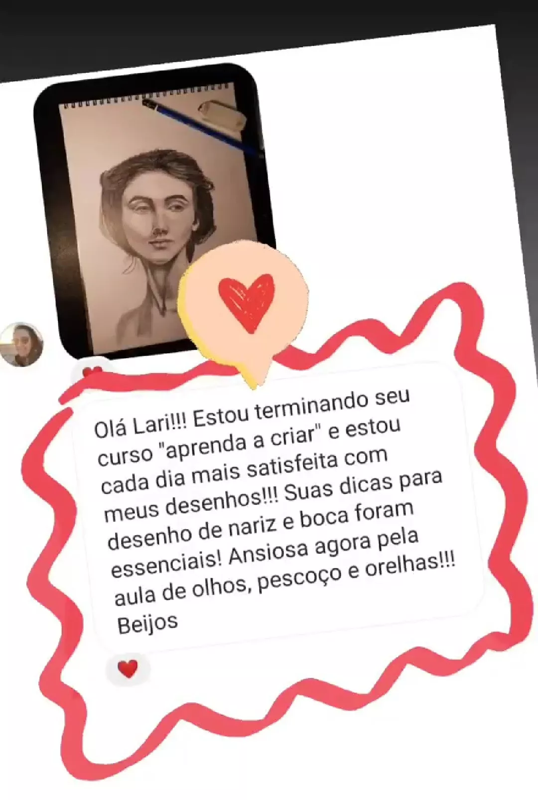 Print de aluna com desenho feito durante o curso