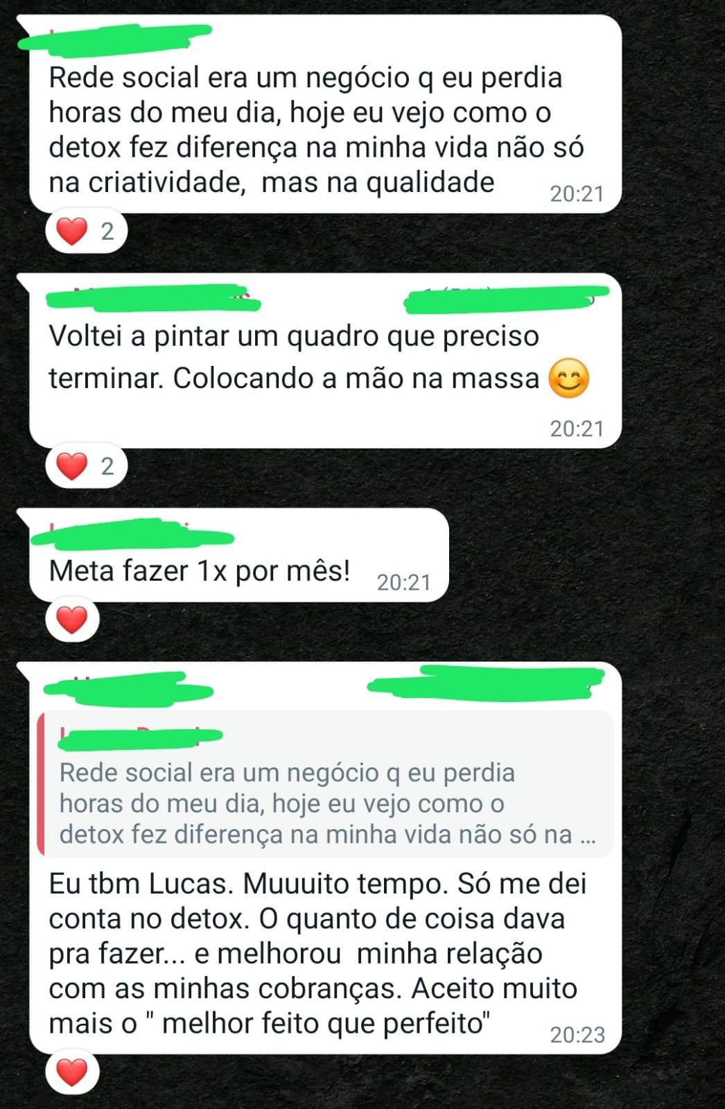Print de conversa: aluna conta que o Detox fez diferença na criatividade e voltou a pintar