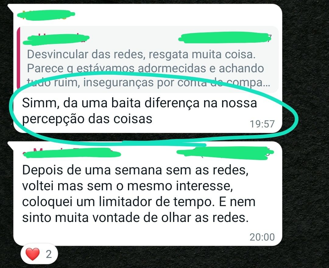 Print de conversa: aluna relata a diferença de se desvincular das redes sociais