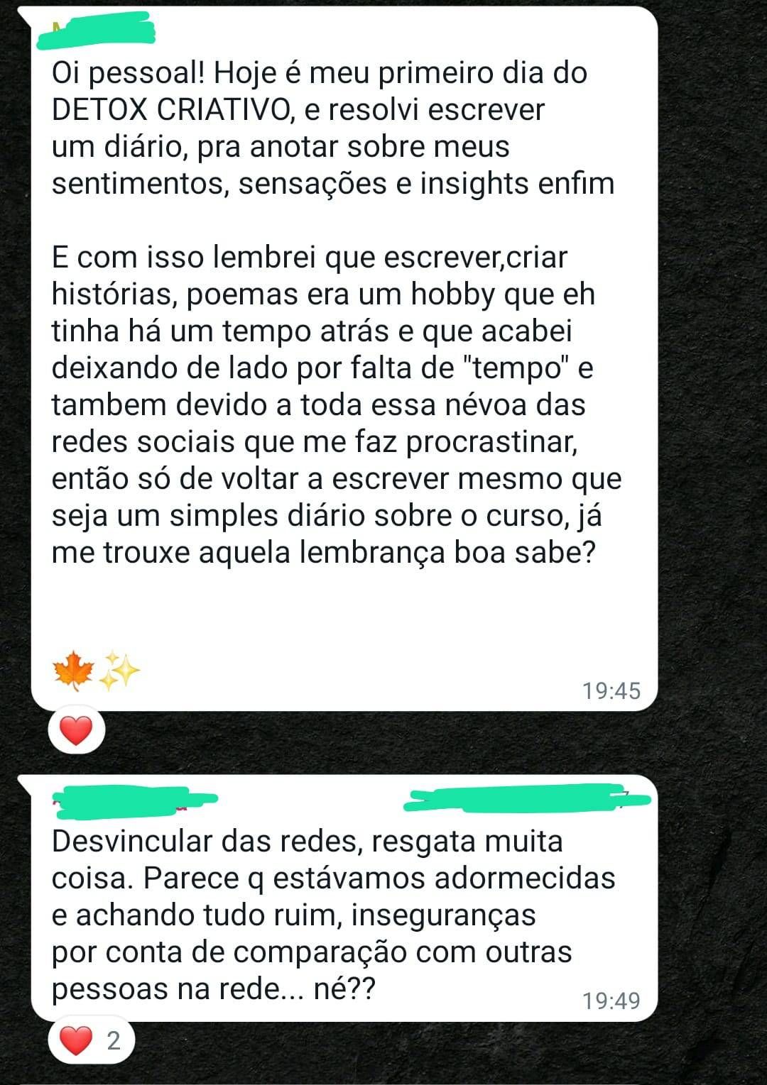 Print de conversa: aluna conta que voltou a escrever no primeiro dia de Detox