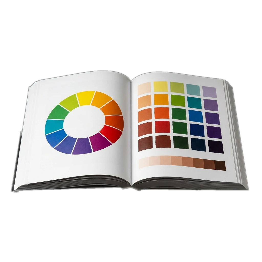E-book Cores aberto, mostrando a roda de cores, a cartela de tons e a escala de tons de pele