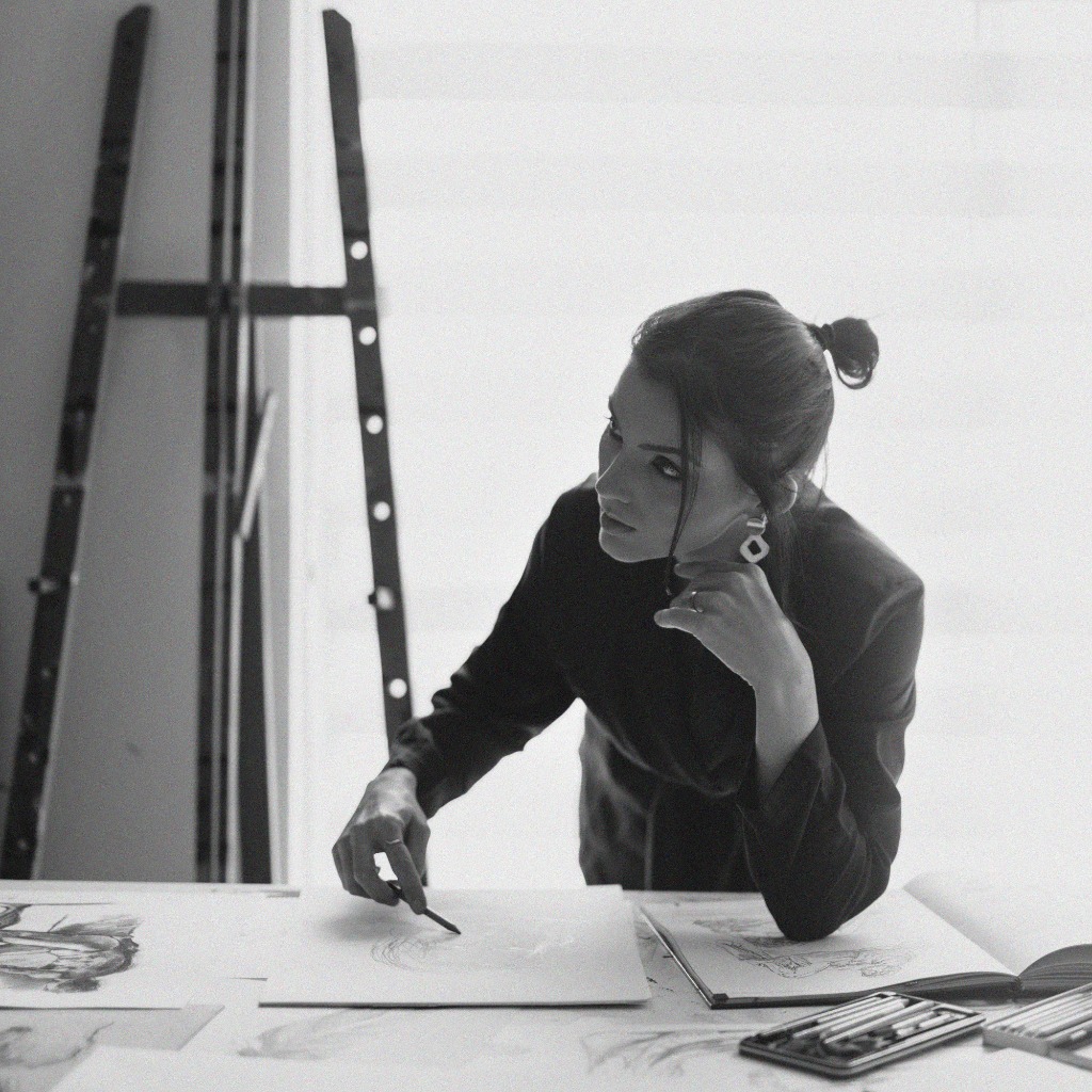 Lari Namaste desenhando em seu atelier