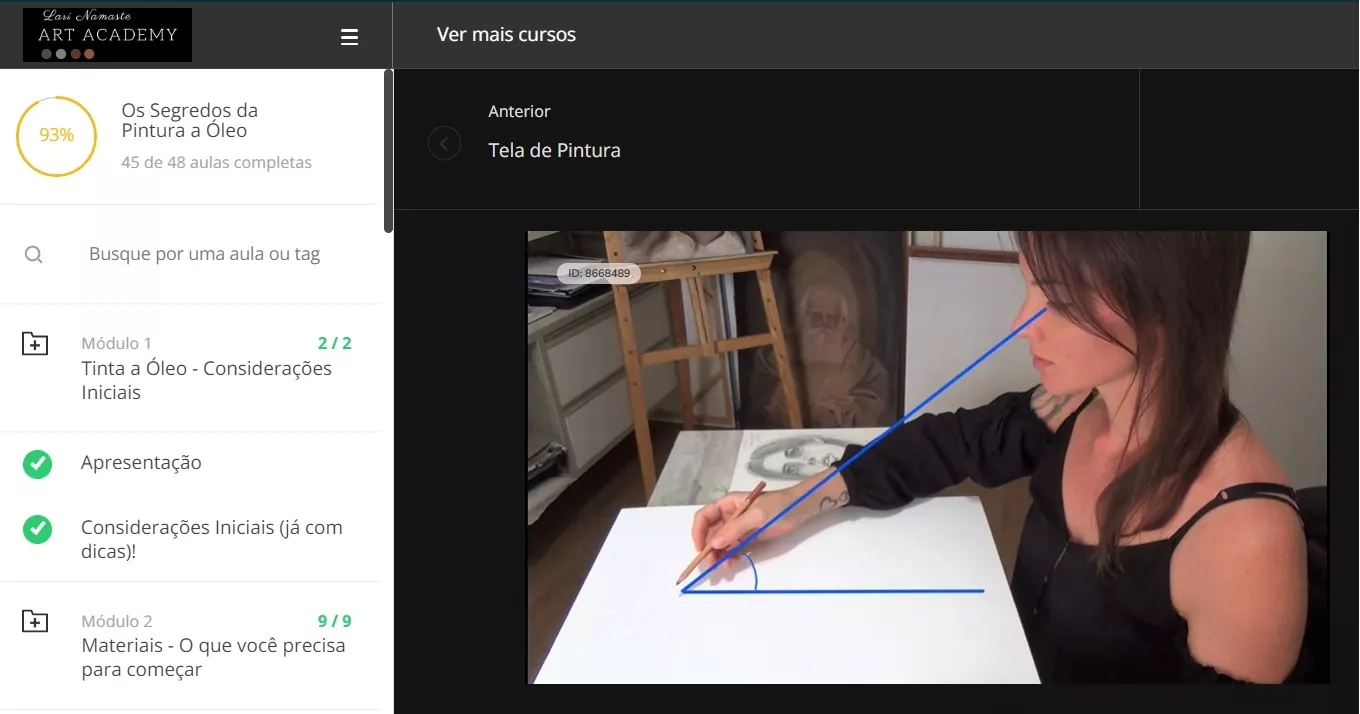 Área de membros do curso Os Segredos da Pintura a Óleo, com a lista de módulos e o progresso das aulas